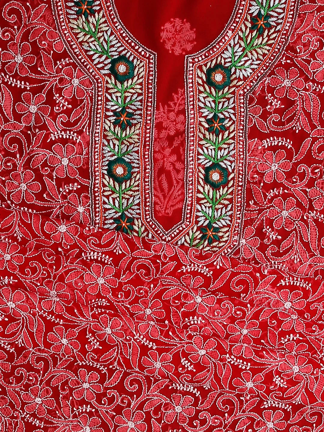 Ada Hand Embroidered Scarlet Red Georgette Lucknowi Chikankari Unstitched Suit Piece With Parsi Work 01A337808