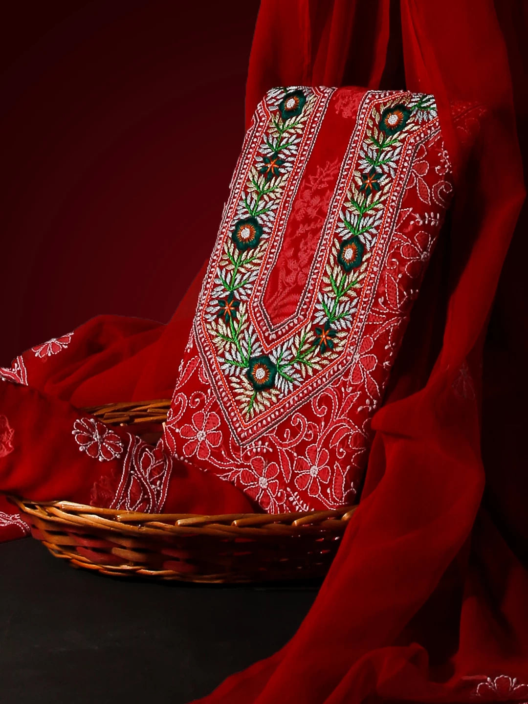 Ada Hand Embroidered Scarlet Red Georgette Lucknowi Chikankari Unstitched Suit Piece With Parsi Work 01A337808