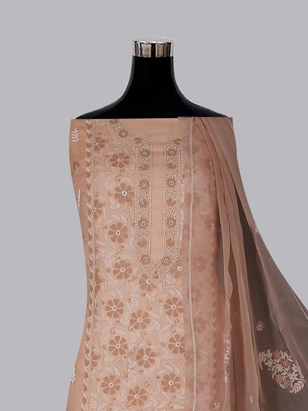Ada Hand Embroidered Latte Fawn Organza Lucknowi Chikankari Unstitched Kurta Dupatta Set 01A512198