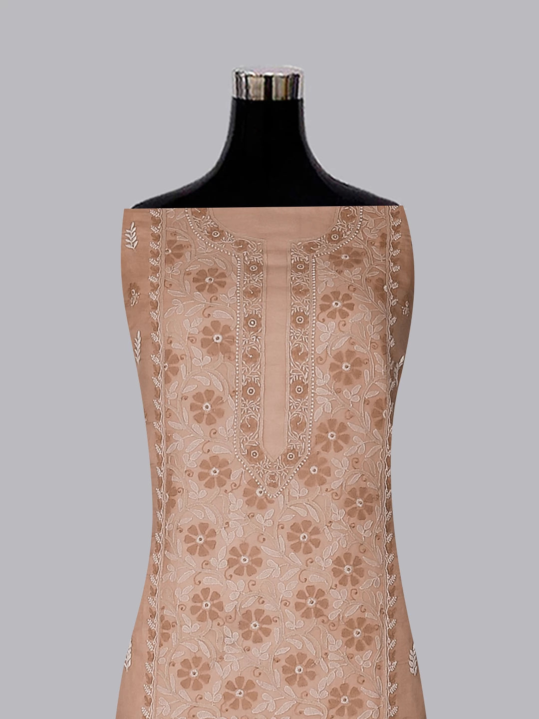 Ada Hand Embroidered Latte Fawn Organza Lucknowi Chikankari Unstitched Kurta Dupatta Set 01A512198