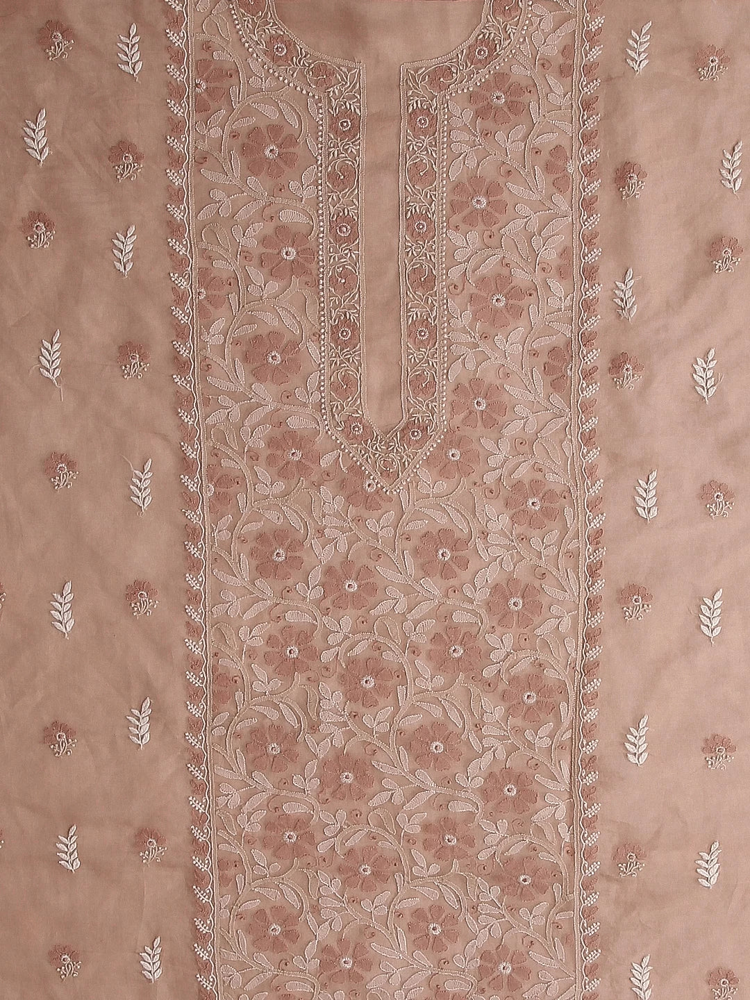 Ada Hand Embroidered Latte Fawn Organza Lucknowi Chikankari Unstitched Kurta Dupatta Set 01A512198