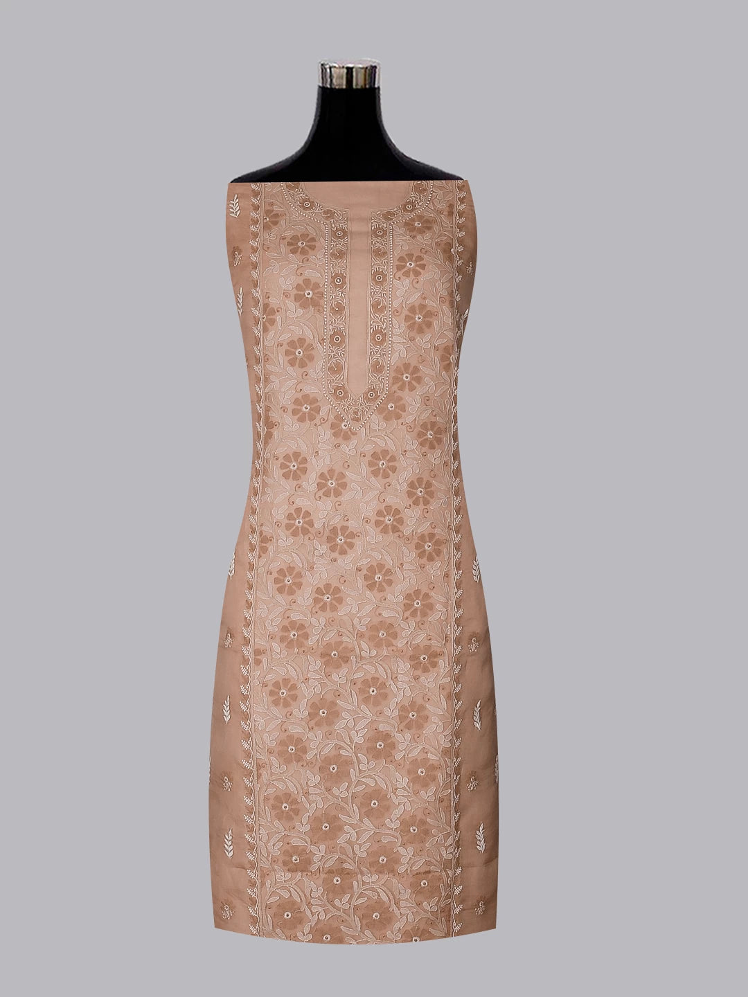 Ada Hand Embroidered Latte Fawn Organza Lucknowi Chikankari Unstitched Kurta Dupatta Set 01A512198