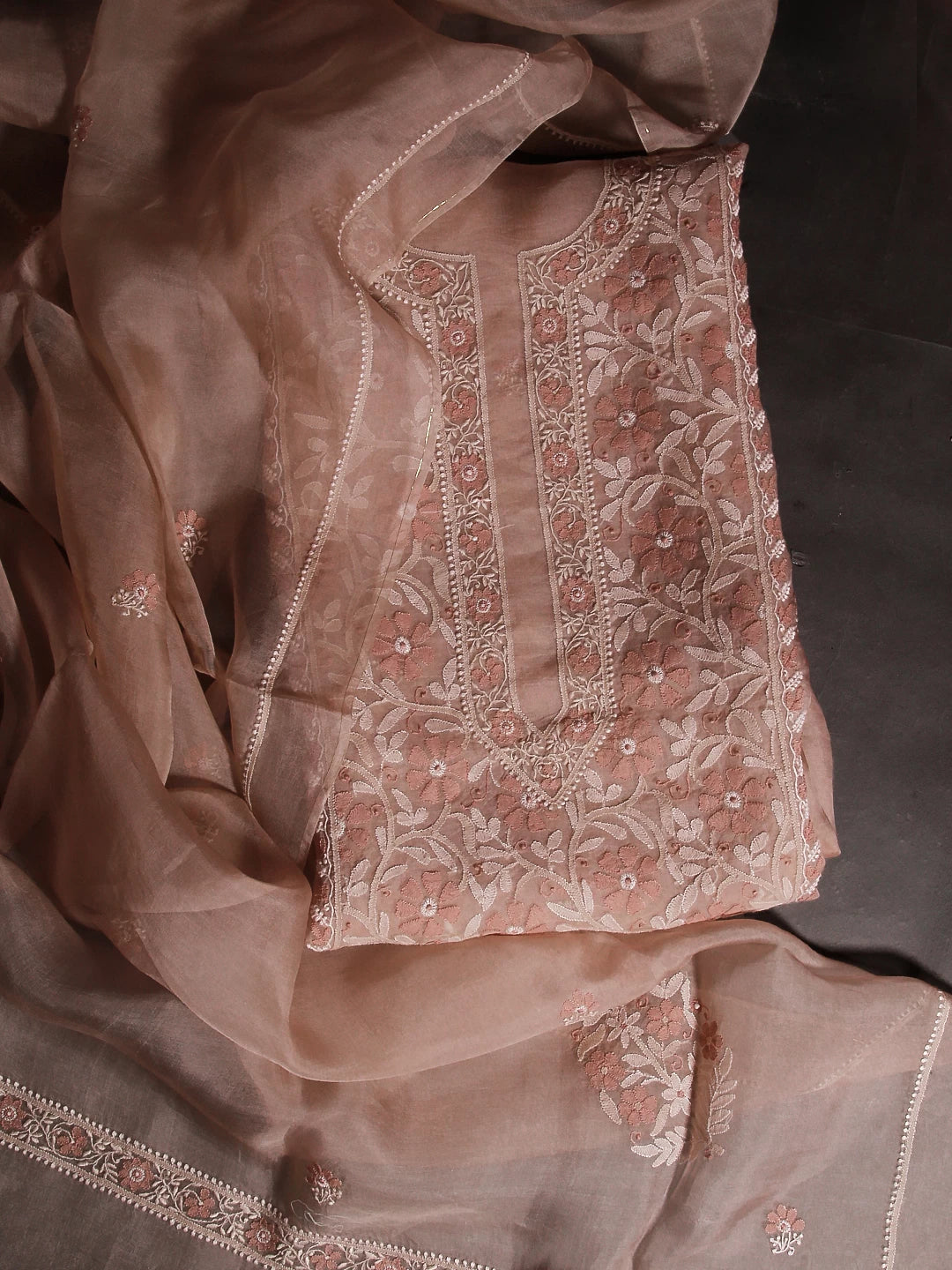 Ada Hand Embroidered Latte Fawn Organza Lucknowi Chikankari Unstitched Kurta Dupatta Set 01A512198