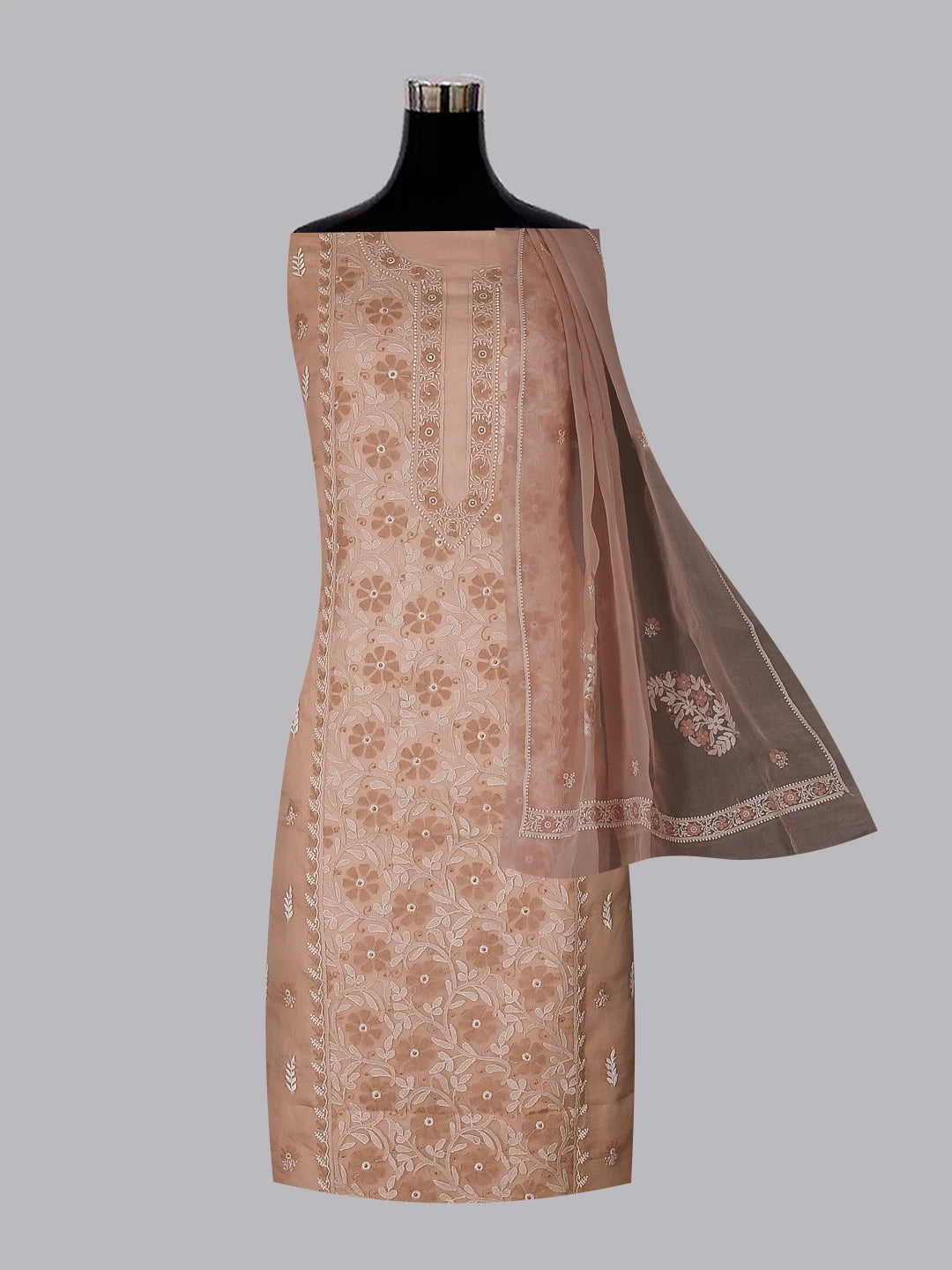 Ada Hand Embroidered Latte Fawn Organza Lucknowi Chikankari Unstitched Kurta Dupatta Set 01A512198