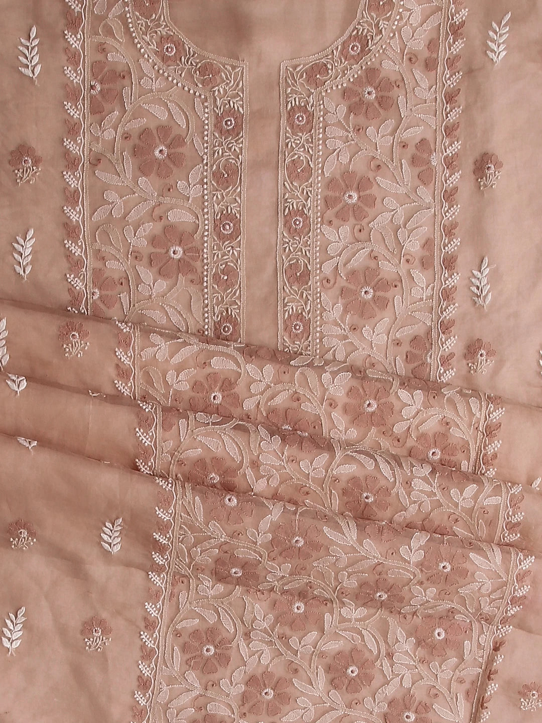 Ada Hand Embroidered Latte Fawn Organza Lucknowi Chikankari Unstitched Kurta Dupatta Set 01A512198