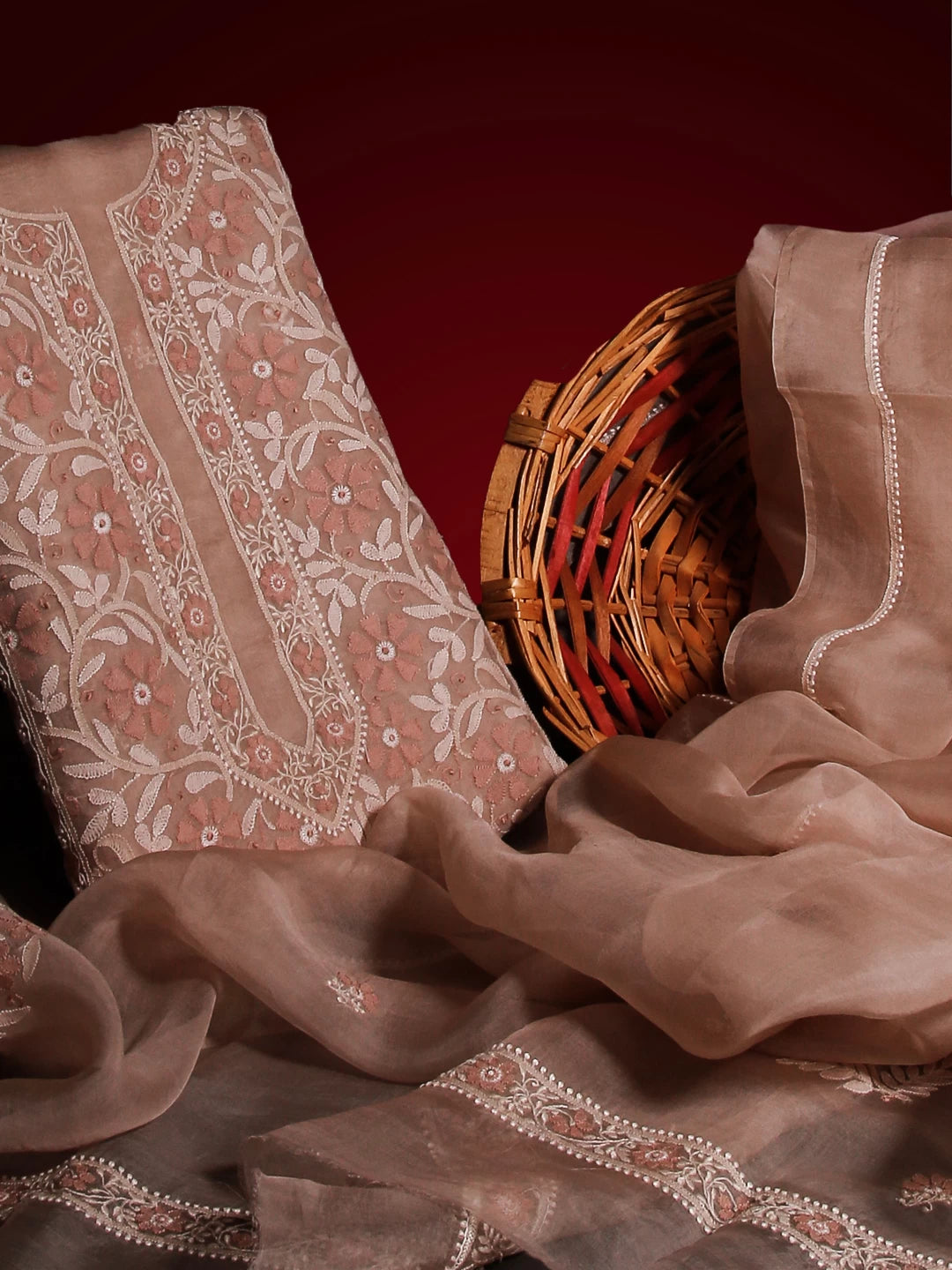 Ada Hand Embroidered Latte Fawn Organza Lucknowi Chikankari Unstitched Kurta Dupatta Set 01A512198
