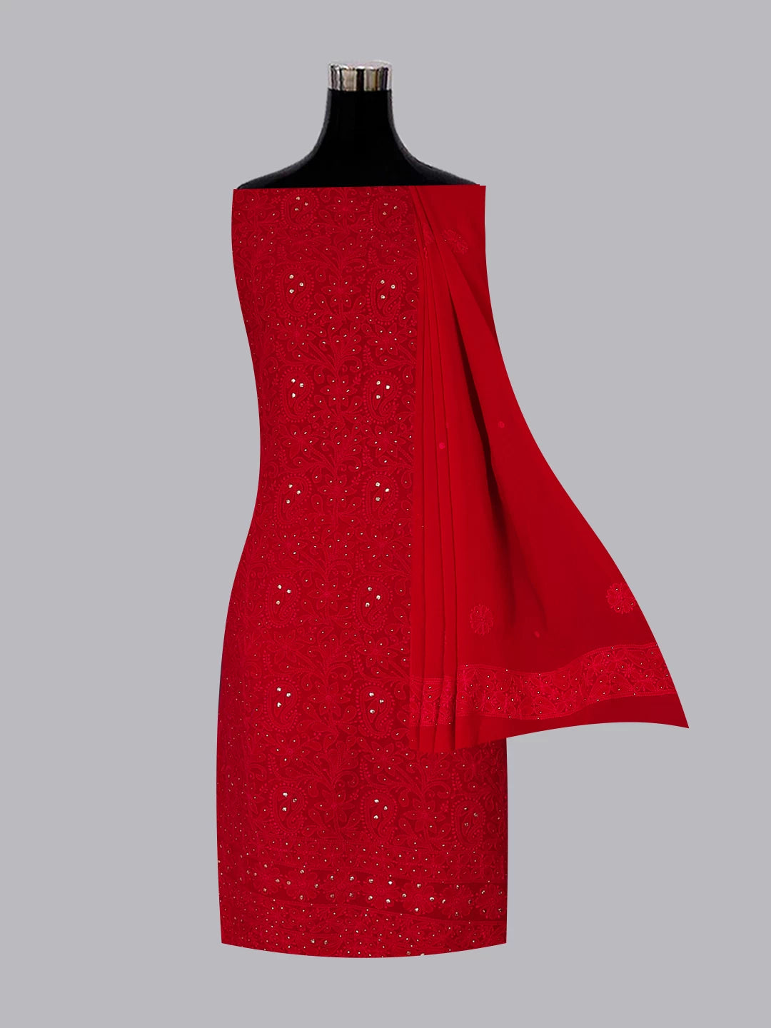 Ada Hand Embroidered Deep Pink Viscose Georgette Lucknowi Chikankari Unstitched Kurta Dupatta Set With Muqaish Work 01A488362