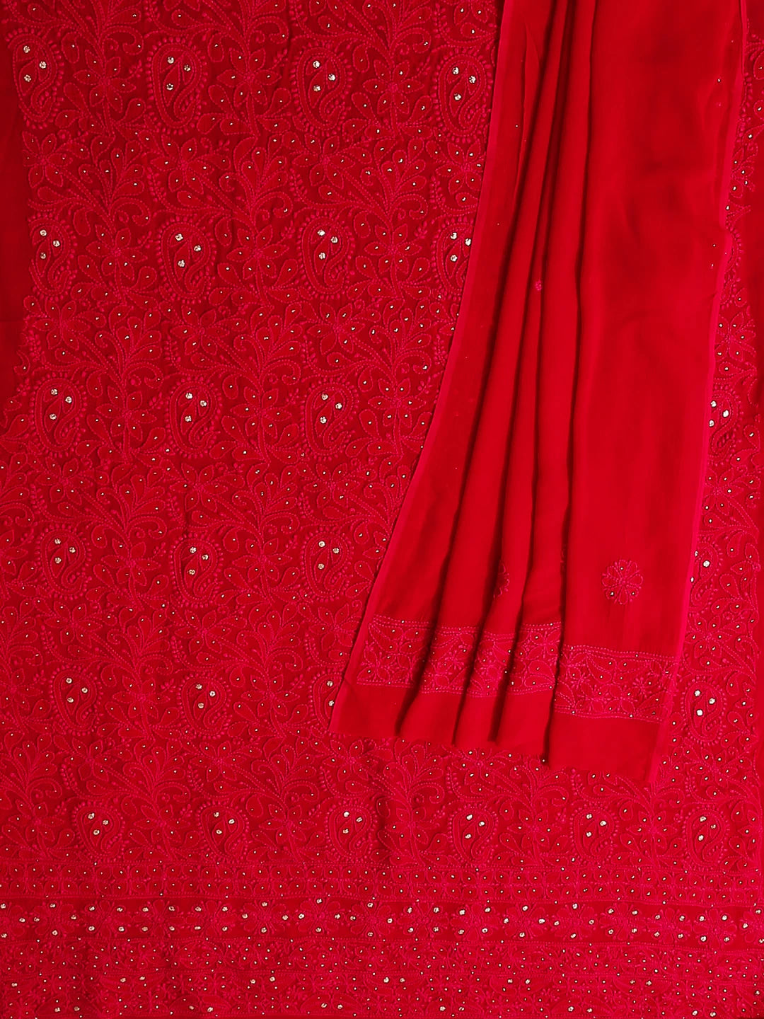 Ada Hand Embroidered Deep Pink Viscose Georgette Lucknowi Chikankari Unstitched Kurta Dupatta Set With Muqaish Work 01A488362