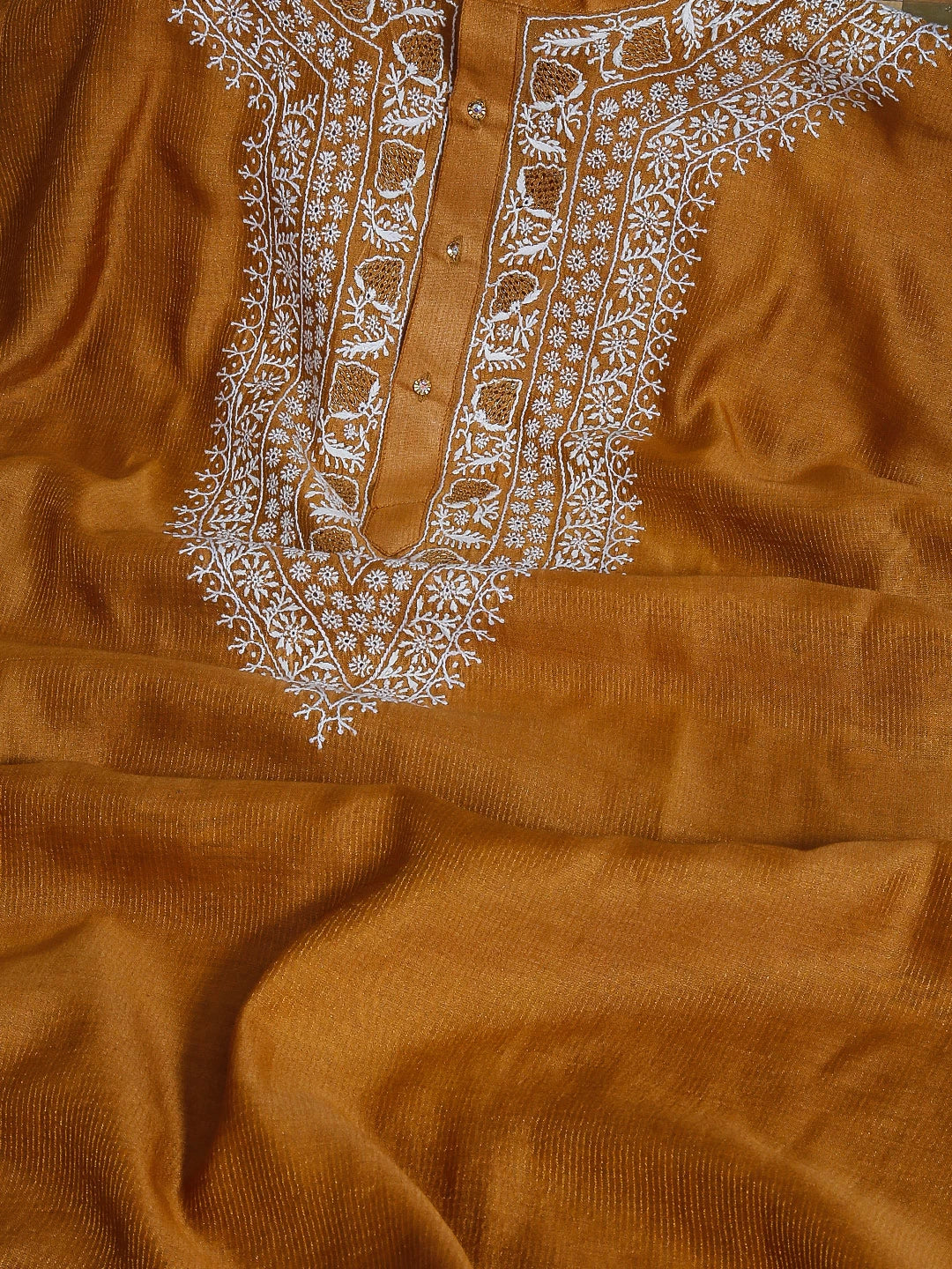 Ada Hand Embroidered Mustard Chanderi Lucknowi Chikankari Semi stitched Men's Kurta Piece 01A441027