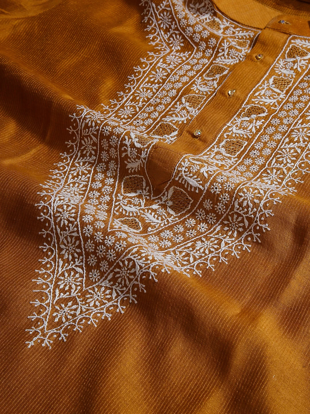 Ada Hand Embroidered Mustard Chanderi Lucknowi Chikankari Semi stitched Men's Kurta Piece 01A441027