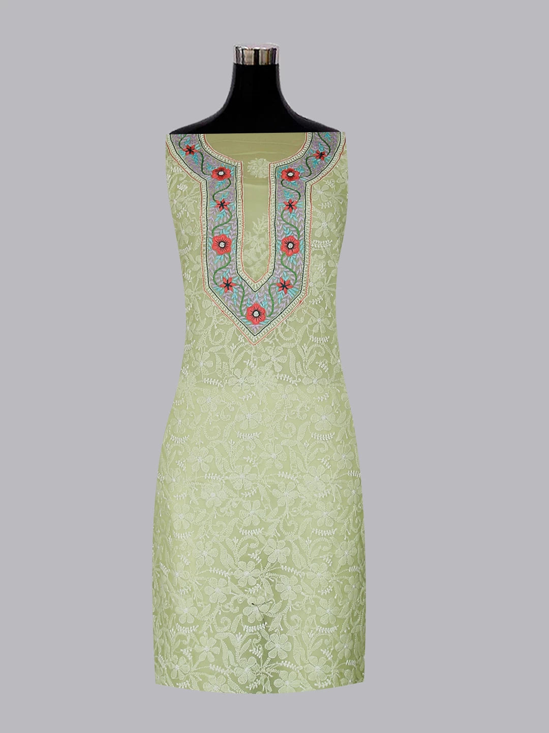 Ada Hand Embroidered Lime Green Georgette Lucknowi Chikankari Unstitched Suit Piece With Parsi Work 01A511504