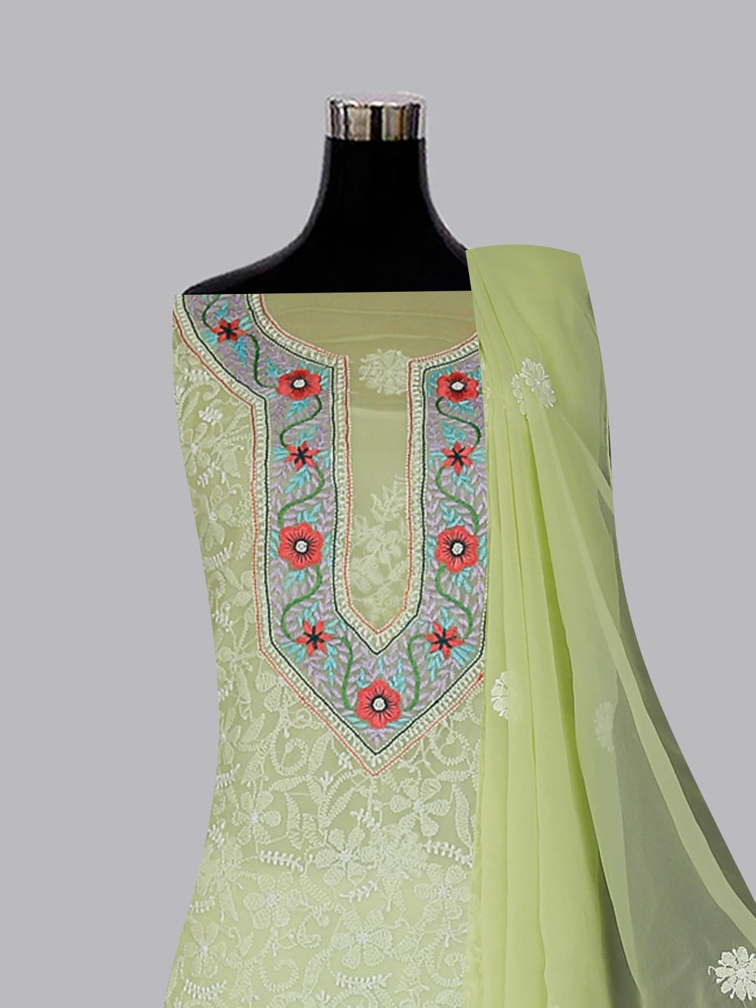 Ada Hand Embroidered Lime Green Georgette Lucknowi Chikankari Unstitched Suit Piece With Parsi Work 01A511504