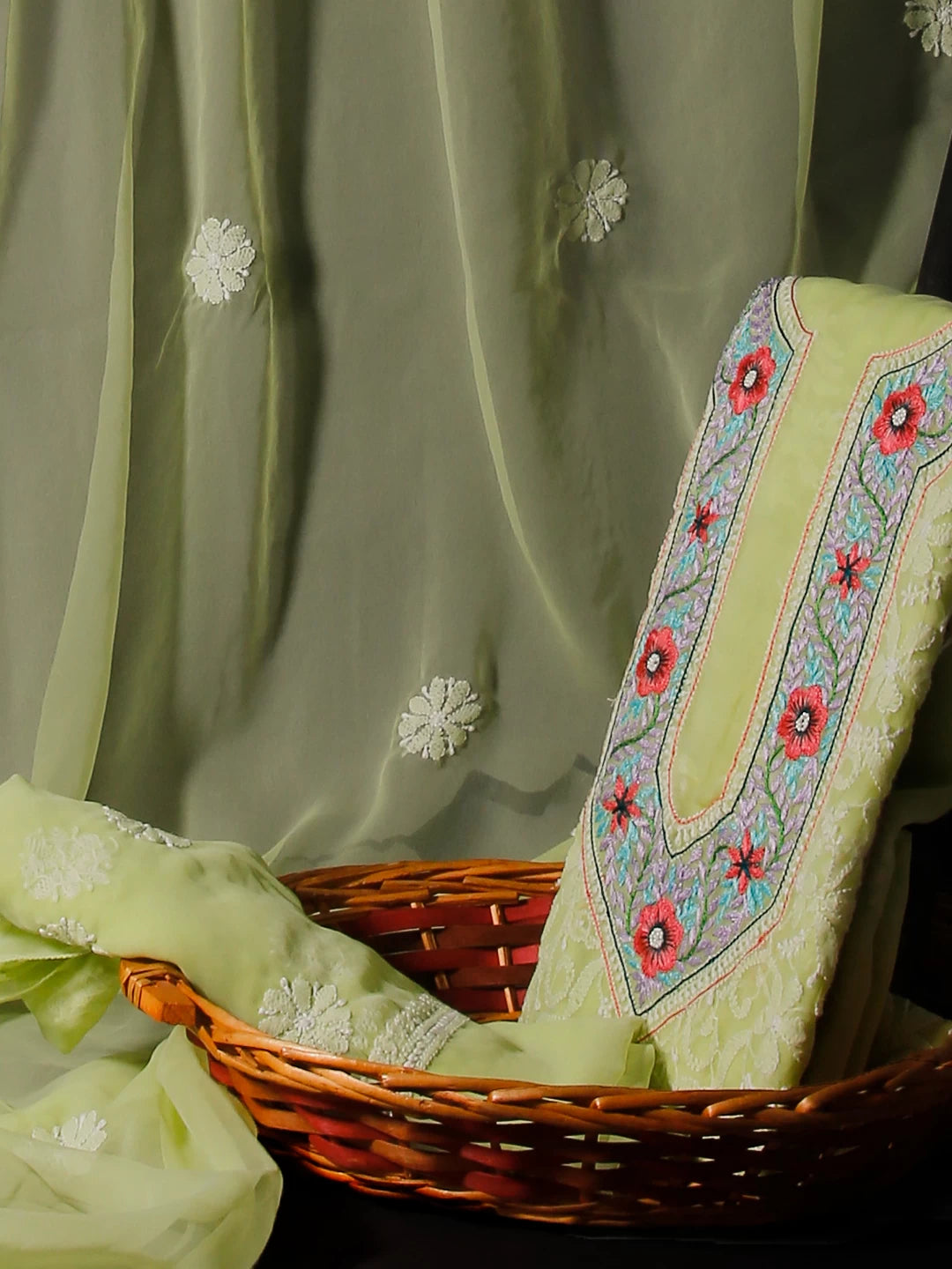 Ada Hand Embroidered Lime Green Georgette Lucknowi Chikankari Unstitched Suit Piece With Parsi Work 01A511504