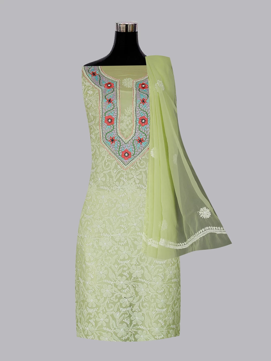 Ada Hand Embroidered Lime Green Georgette Lucknowi Chikankari Unstitched Suit Piece With Parsi Work 01A511504