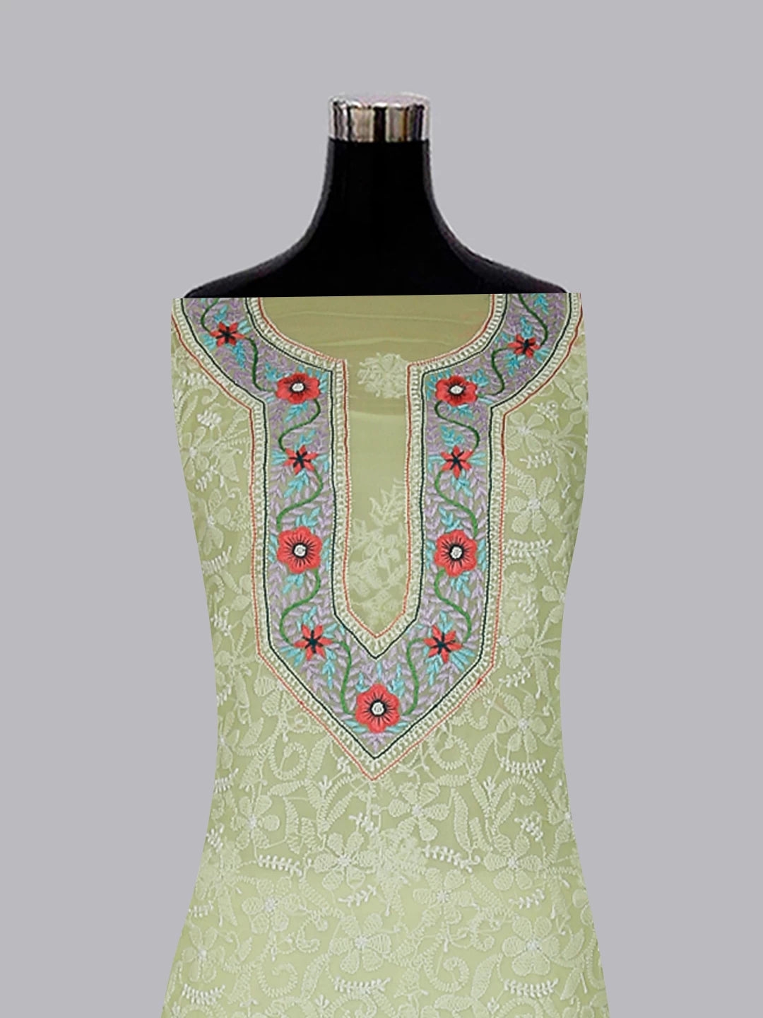 Ada Hand Embroidered Lime Green Georgette Lucknowi Chikankari Unstitched Suit Piece With Parsi Work 01A511504