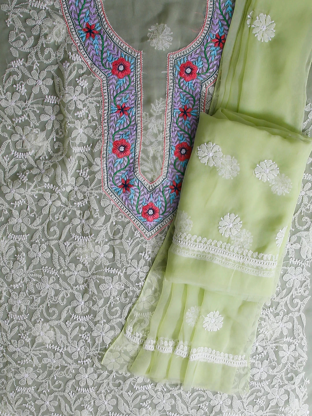 Ada Hand Embroidered Lime Green Georgette Lucknowi Chikankari Unstitched Suit Piece With Parsi Work 01A511504