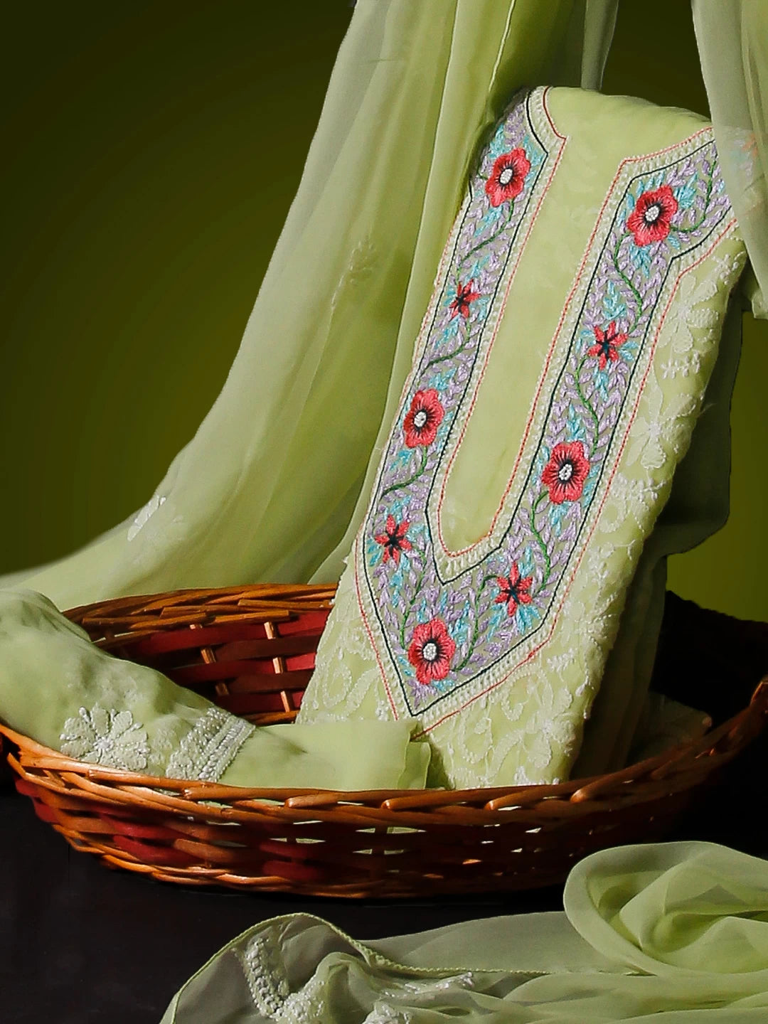 Ada Hand Embroidered Lime Green Georgette Lucknowi Chikankari Unstitched Suit Piece With Parsi Work 01A511504