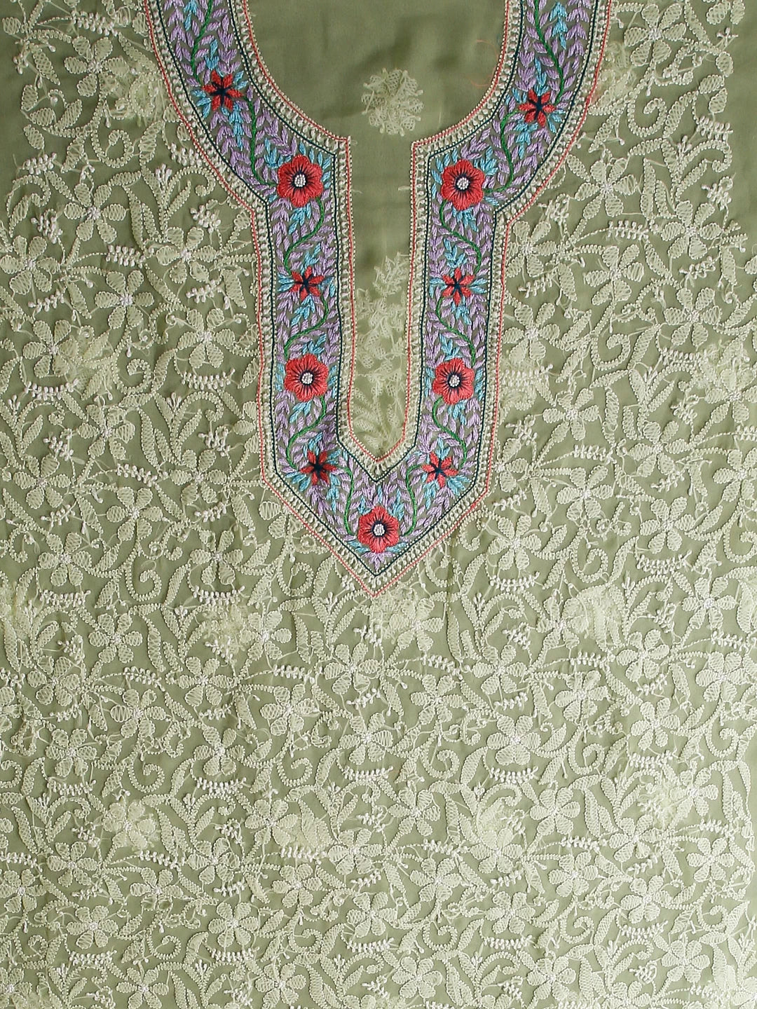 Ada Hand Embroidered Lime Green Georgette Lucknowi Chikankari Unstitched Suit Piece With Parsi Work 01A511504