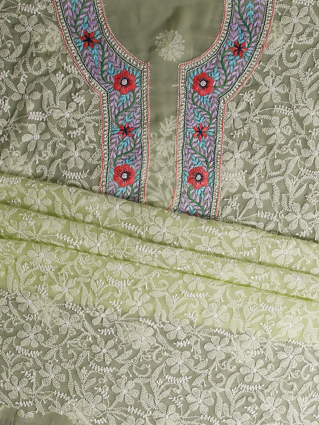 Ada Hand Embroidered Lime Green Georgette Lucknowi Chikankari Unstitched Suit Piece With Parsi Work 01A511504