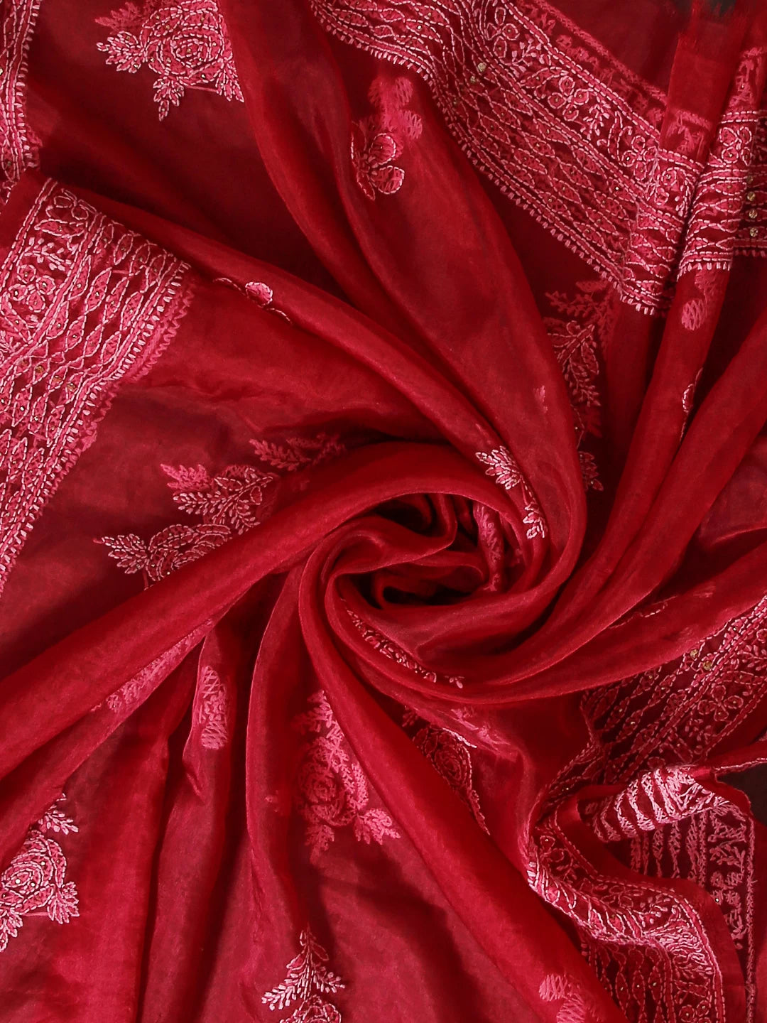 Ada Hand Embroidered Pink Organza Lucknowi Chikankari Dupatta With Muqaish Work 01A475453