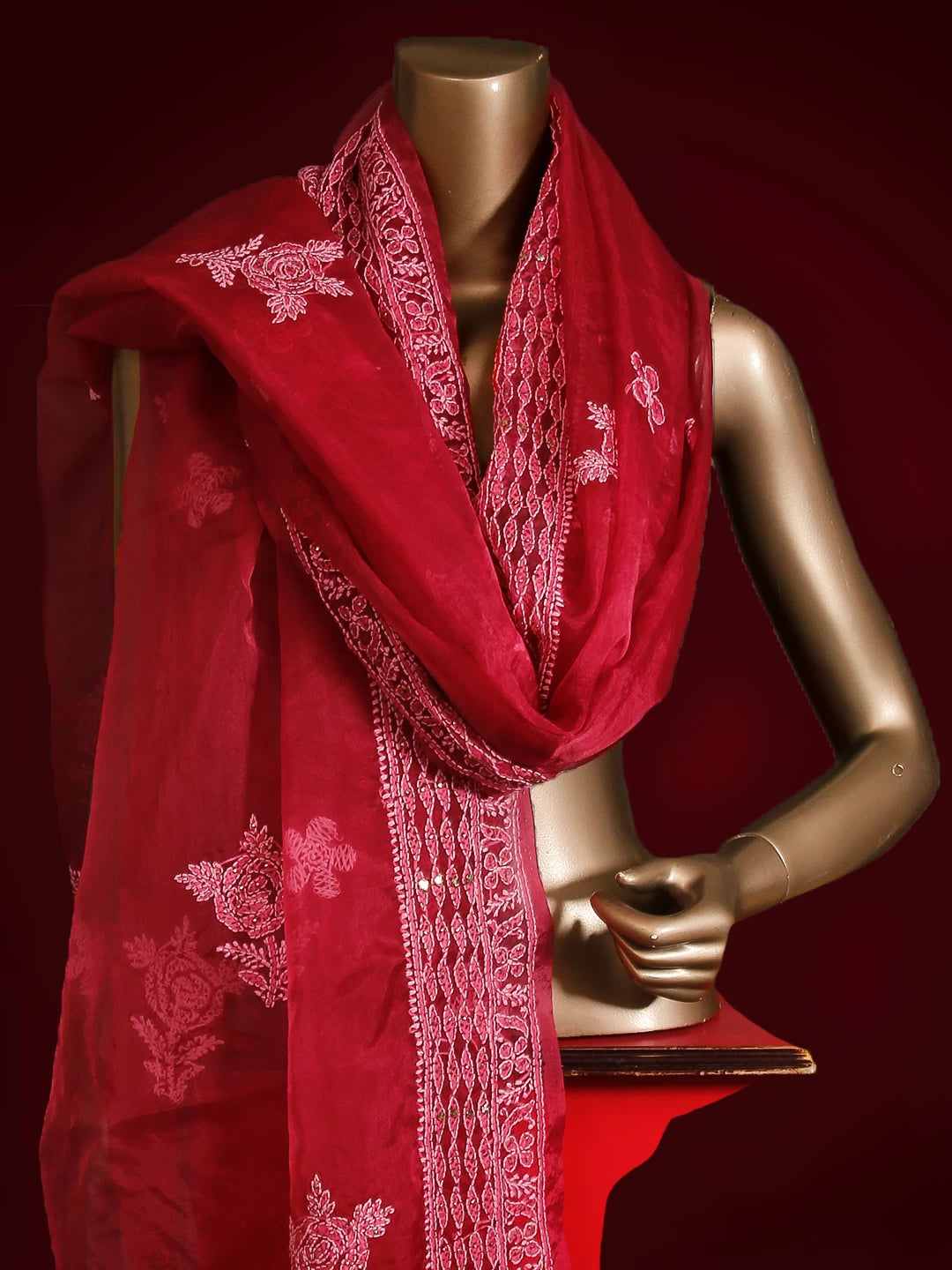Ada Hand Embroidered Pink Organza Lucknowi Chikankari Dupatta With Muqaish Work 01A475453