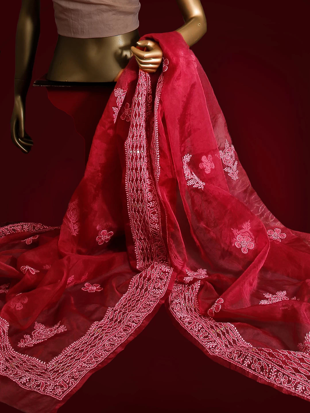 Ada Hand Embroidered Pink Organza Lucknowi Chikankari Dupatta With Muqaish Work 01A475453