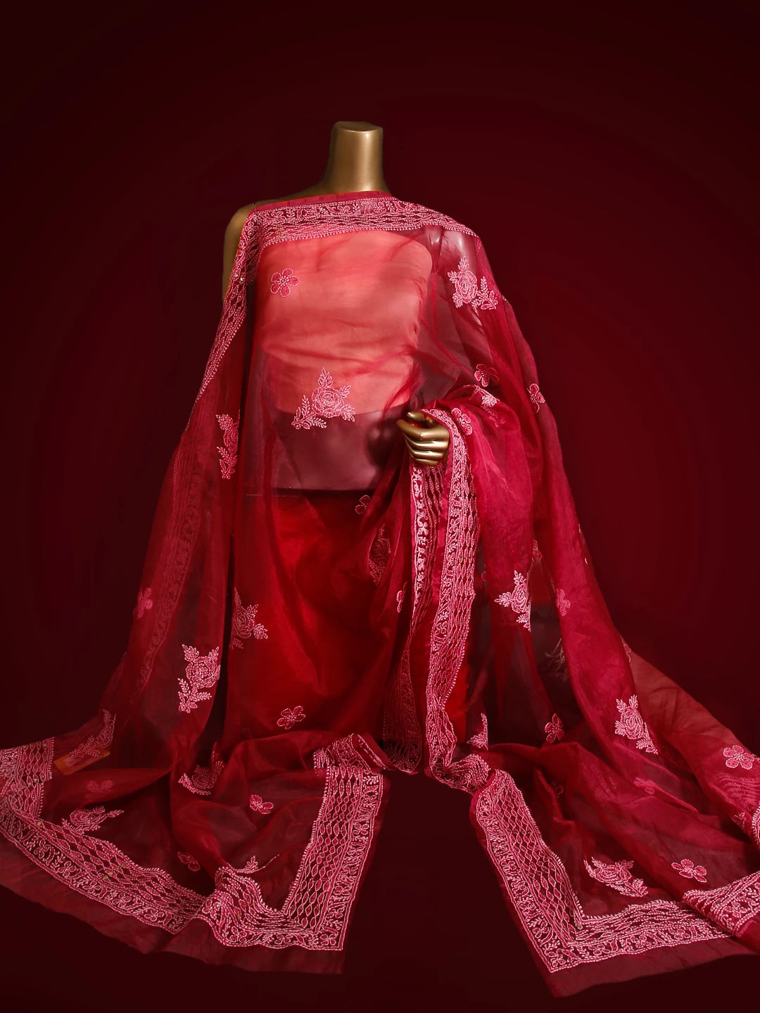 Ada Hand Embroidered Pink Organza Lucknowi Chikankari Dupatta With Muqaish Work 01A475453
