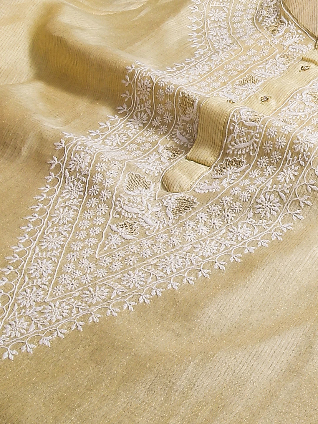 Ada Hand Embroidered Lemon Chanderi Lucknowi Chikankari Semi stitched Men's Kurta Piece 01A499674
