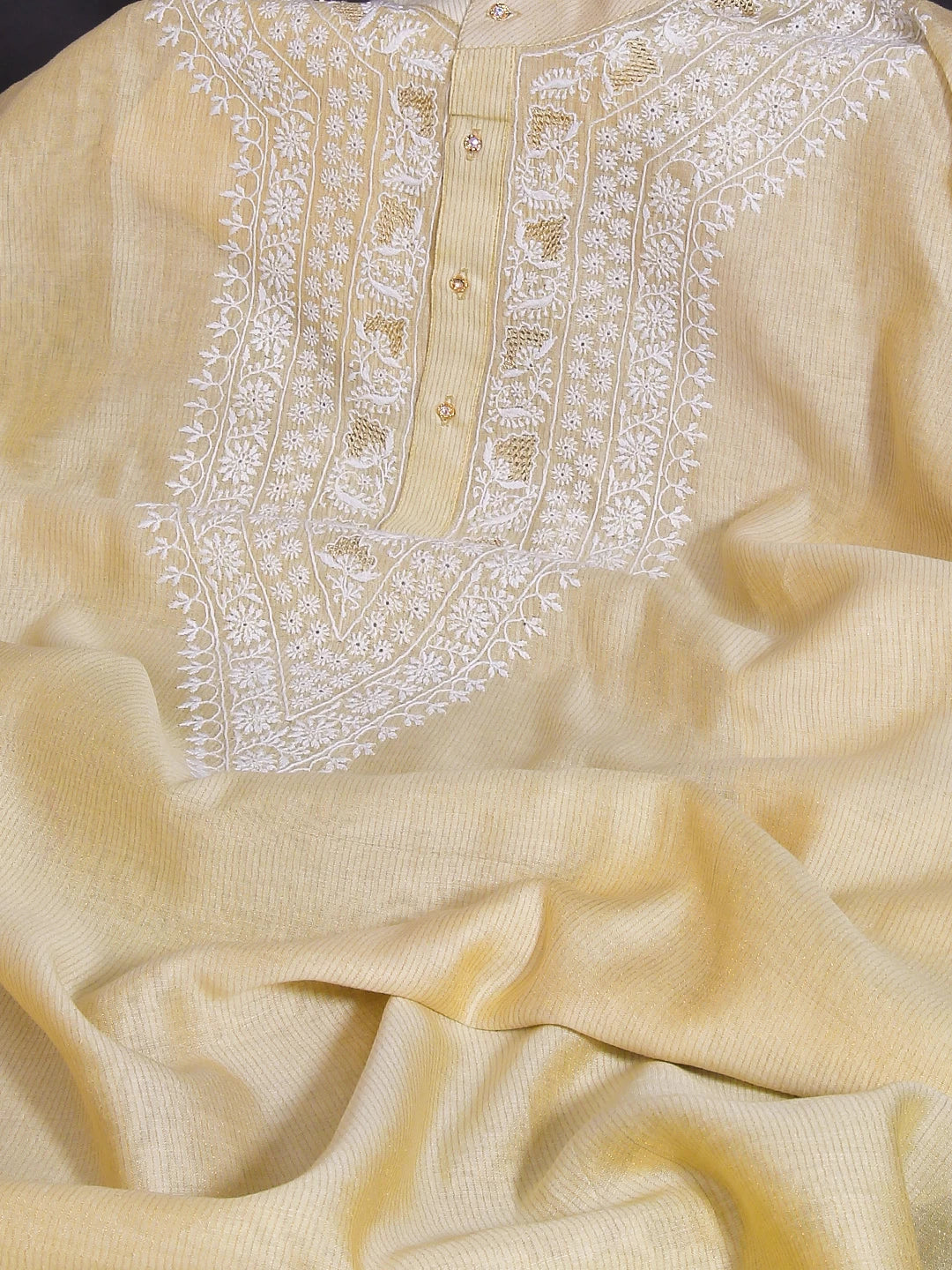 Ada Hand Embroidered Lemon Chanderi Lucknowi Chikankari Semi stitched Men's Kurta Piece 01A499674
