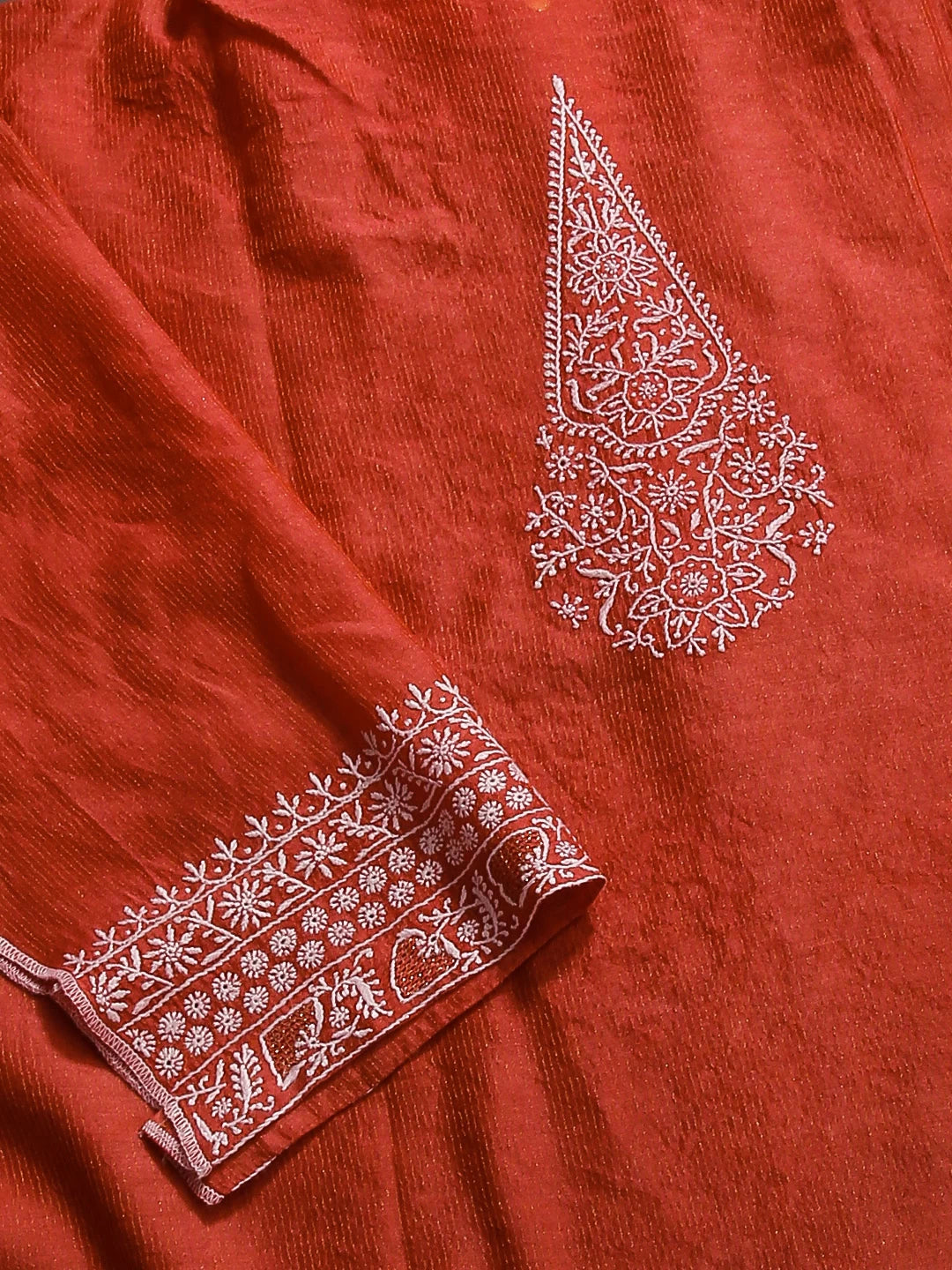 Ada Hand Embroidered Vermillion Orange Chanderi Lucknowi Chikankari Semi stitched Men's Kurta Piece With Zari Work 01A450053