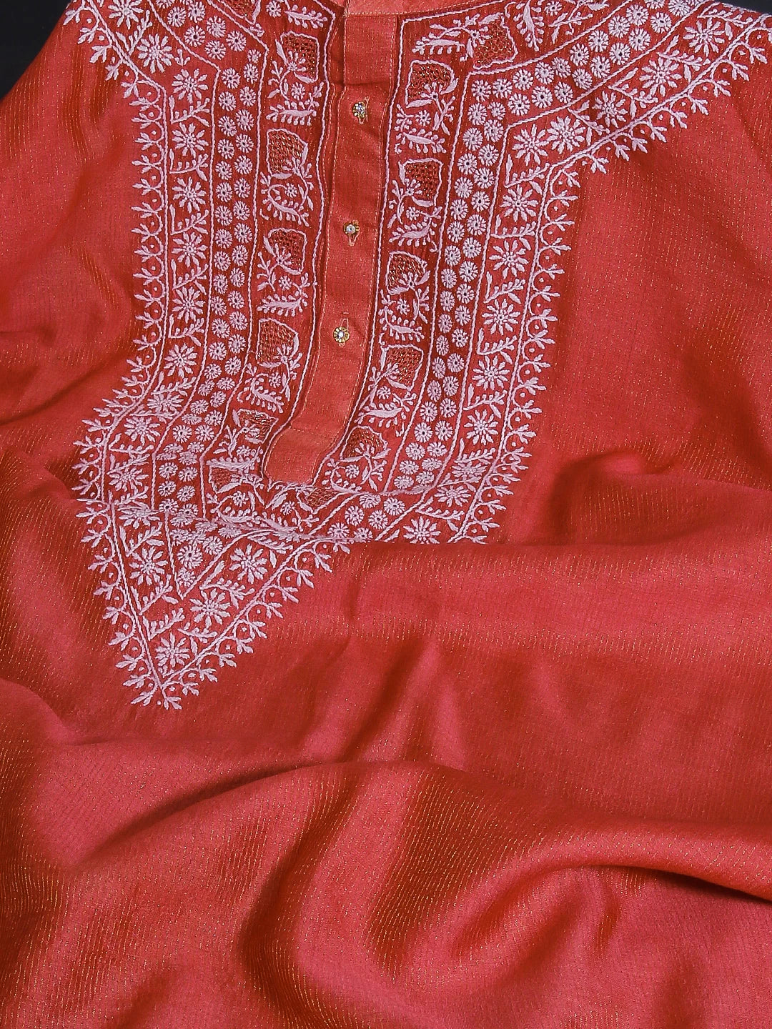 Ada Hand Embroidered Vermillion Orange Chanderi Lucknowi Chikankari Semi stitched Men's Kurta Piece With Zari Work 01A450053