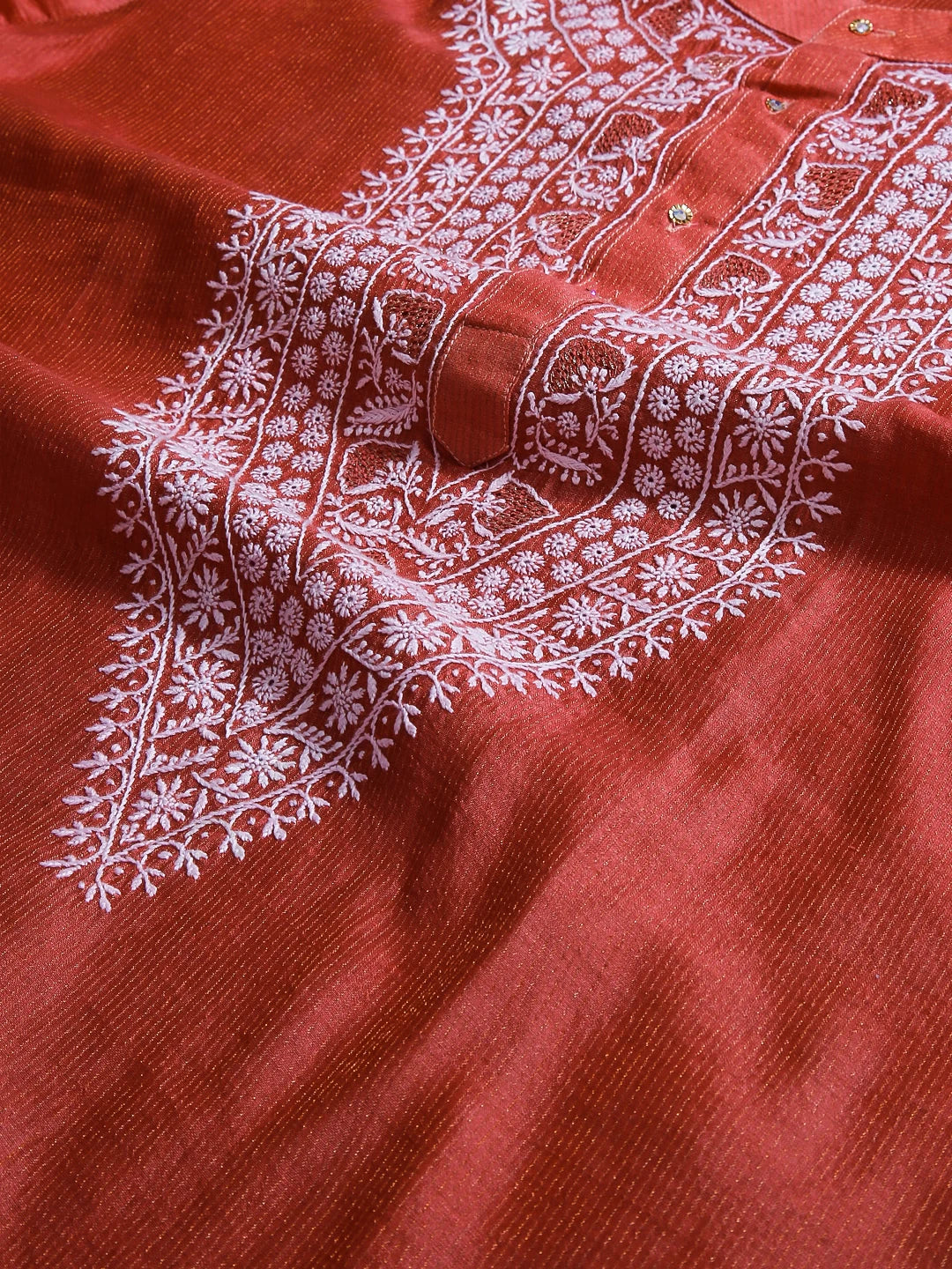 Ada Hand Embroidered Vermillion Orange Chanderi Lucknowi Chikankari Semi stitched Men's Kurta Piece With Zari Work 01A450053