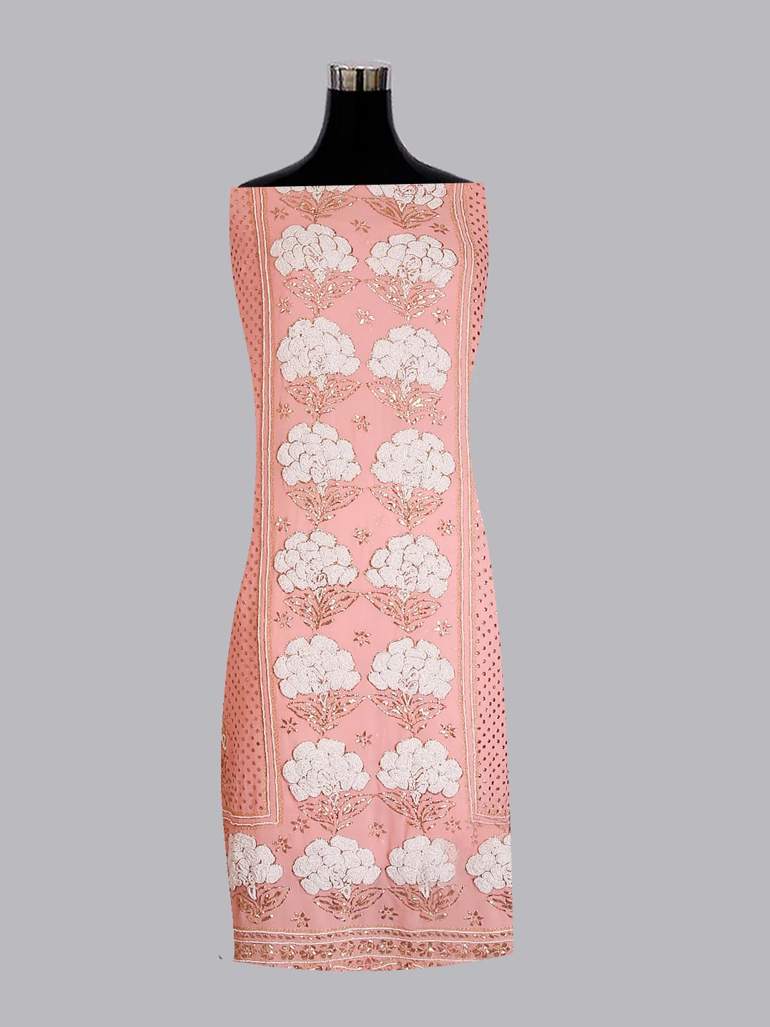 Ada Hand Embroidered Peach Pure Georgette Lucknowi Chikankari Unstitched Kurta Dupatta Set With Pearl Work 01A478284