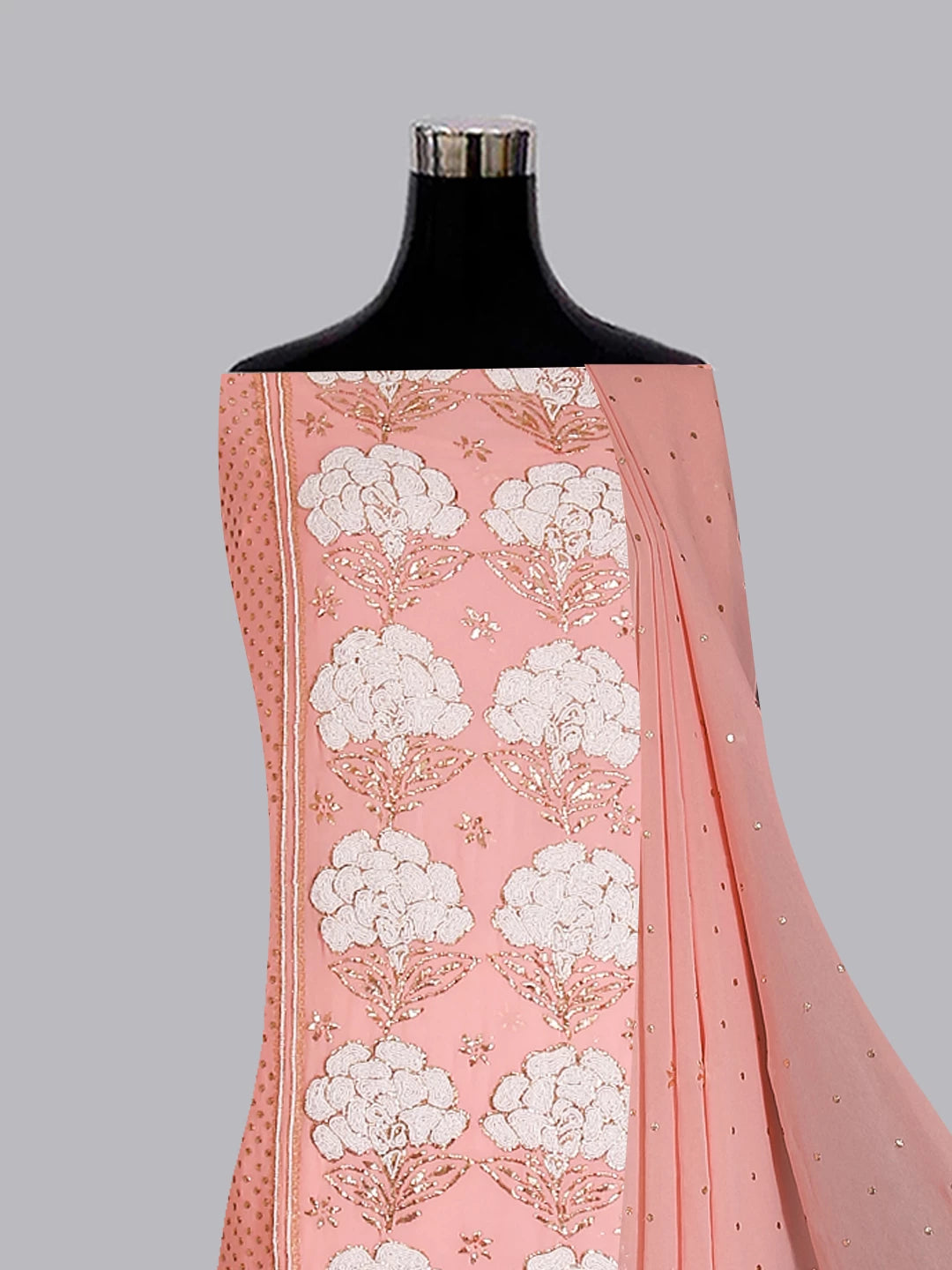 Ada Hand Embroidered Peach Pure Georgette Lucknowi Chikankari Unstitched Kurta Dupatta Set With Pearl Work 01A478284
