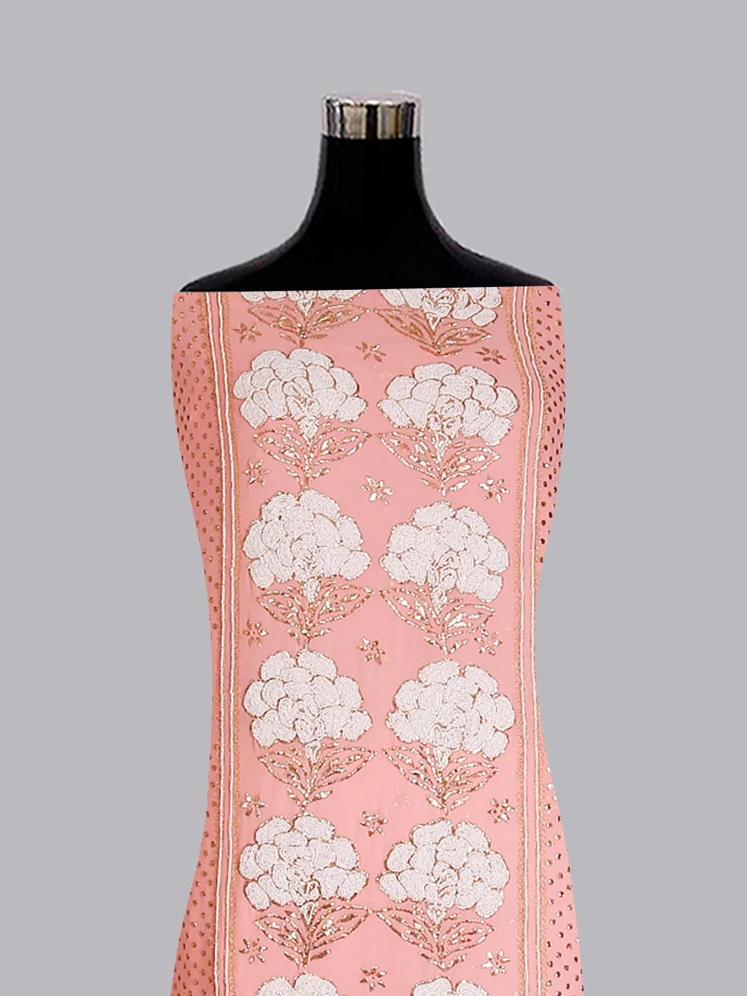Ada Hand Embroidered Peach Pure Georgette Lucknowi Chikankari Unstitched Kurta Dupatta Set With Pearl Work 01A478284