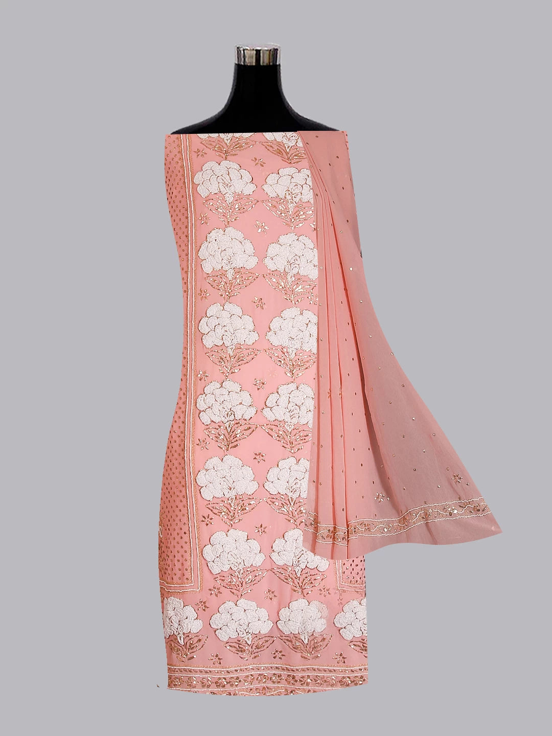 Ada Hand Embroidered Peach Pure Georgette Lucknowi Chikankari Unstitched Kurta Dupatta Set With Pearl Work 01A478284