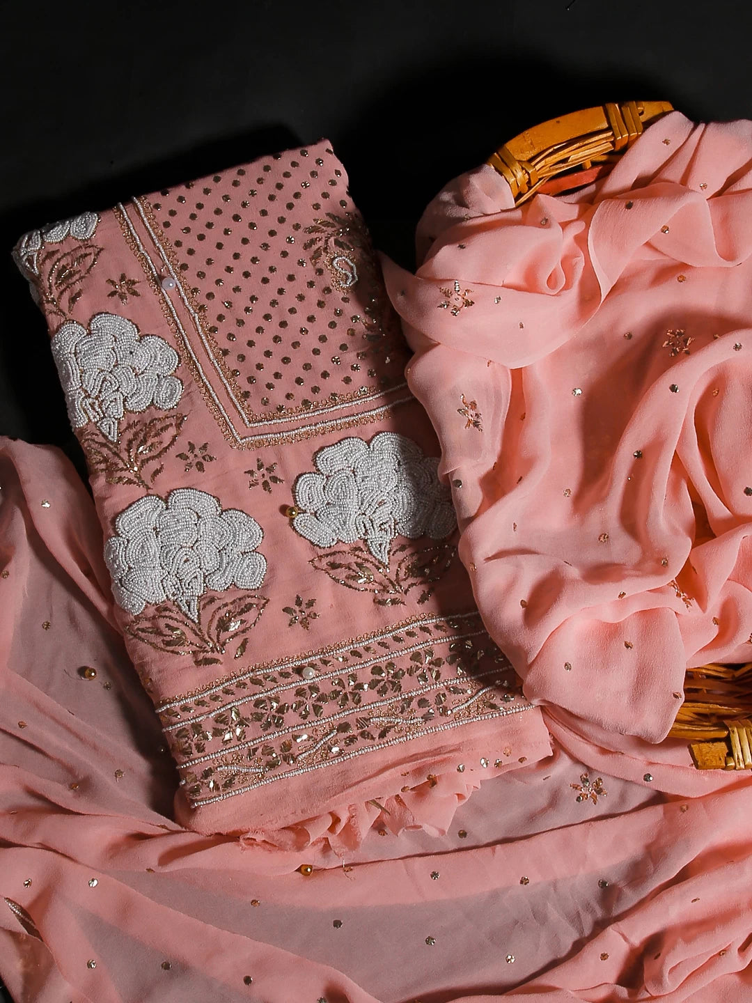 Ada Hand Embroidered Peach Pure Georgette Lucknowi Chikankari Unstitched Kurta Dupatta Set With Pearl Work 01A478284