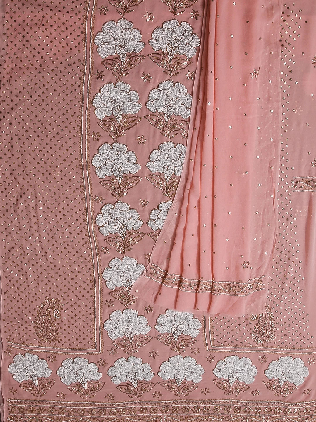 Ada Hand Embroidered Peach Pure Georgette Lucknowi Chikankari Unstitched Kurta Dupatta Set With Pearl Work 01A478284
