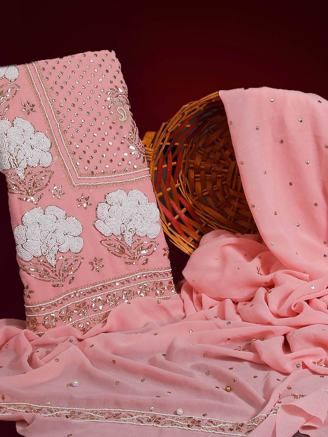 Ada Hand Embroidered Peach Pure Georgette Lucknowi Chikankari Unstitched Kurta Dupatta Set With Pearl Work 01A478284