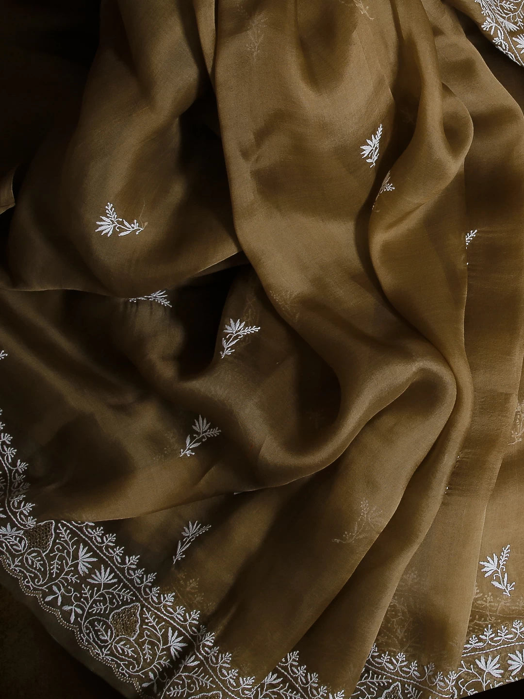 Ada Hand Embroidered Nutty Brown Organza Lucknowi Chikankari Saree With Blouse And Zari Work 01A524154