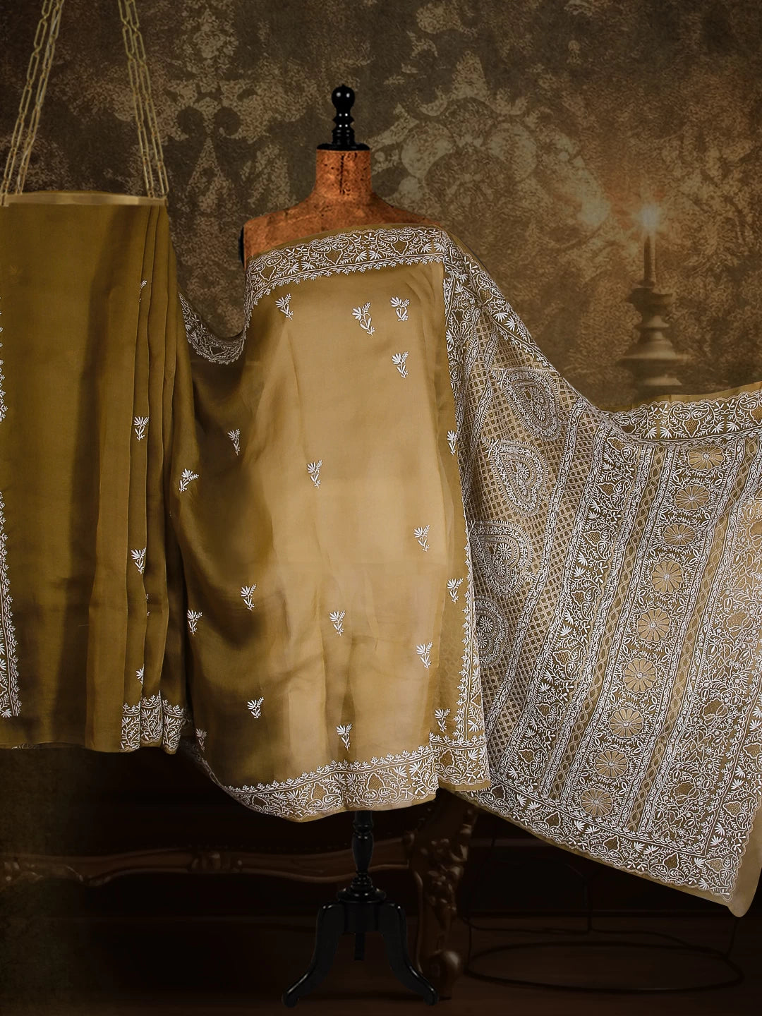 Ada Hand Embroidered Nutty Brown Organza Lucknowi Chikankari Saree With Blouse And Zari Work 01A524154