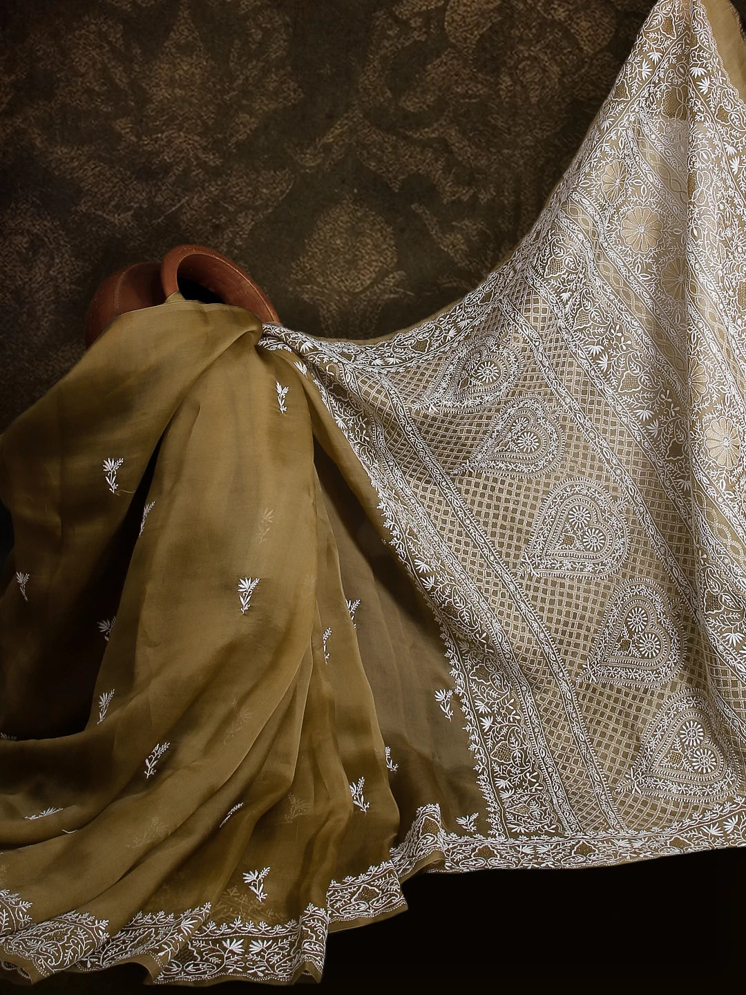 Ada Hand Embroidered Nutty Brown Organza Lucknowi Chikankari Saree With Blouse And Zari Work 01A524154