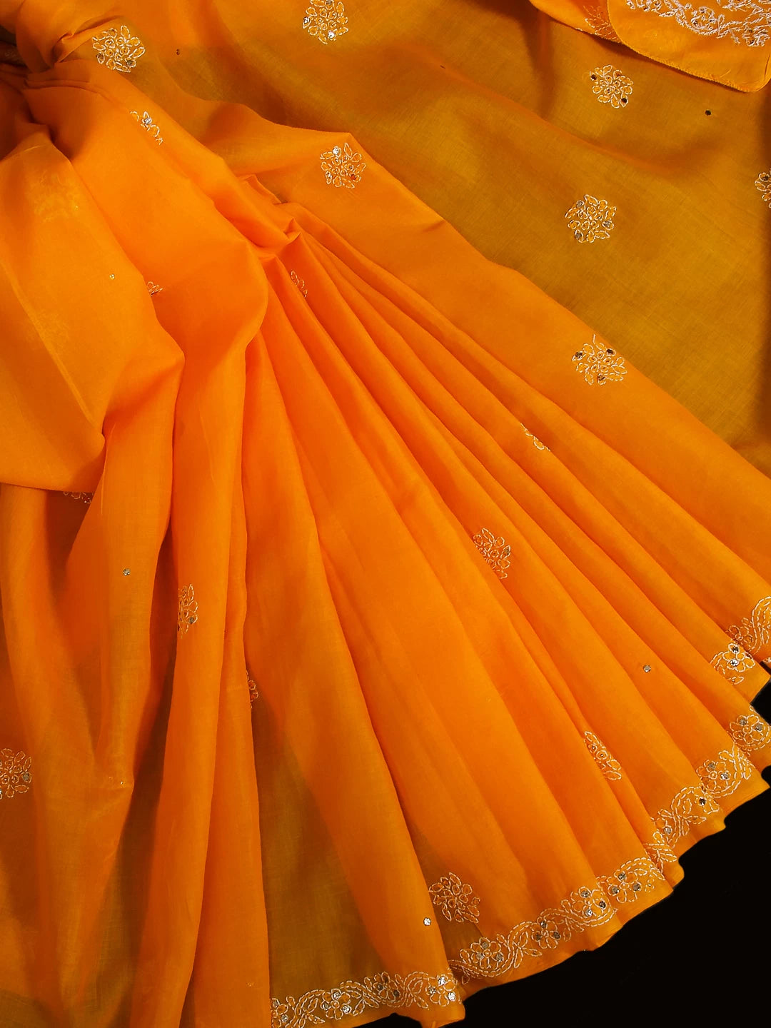 Ada Hand Embroidered Mustard Cotton Lucknowi Chikankari Saree With Blouse And Mukaish Work 01A237035