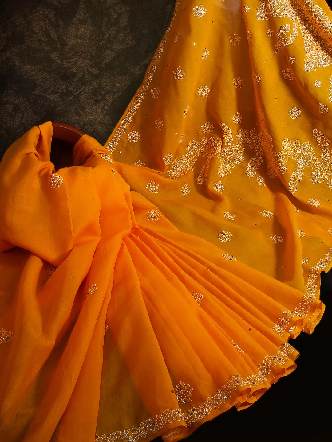 Ada Hand Embroidered Mustard Cotton Lucknowi Chikankari Saree With Blouse And Mukaish Work 01A237035