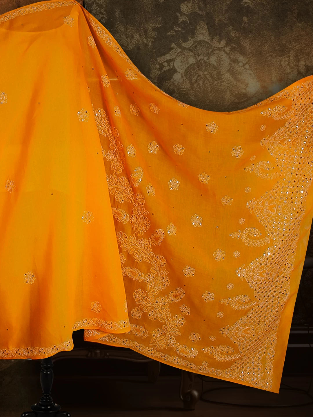 Ada Hand Embroidered Mustard Cotton Lucknowi Chikankari Saree With Blouse And Mukaish Work 01A237035