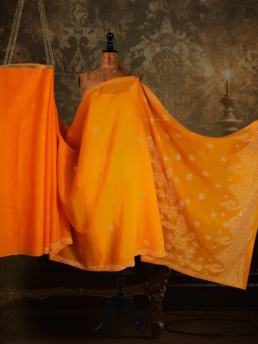 Ada Hand Embroidered Mustard Cotton Lucknowi Chikankari Saree With Blouse And Mukaish Work 01A237035