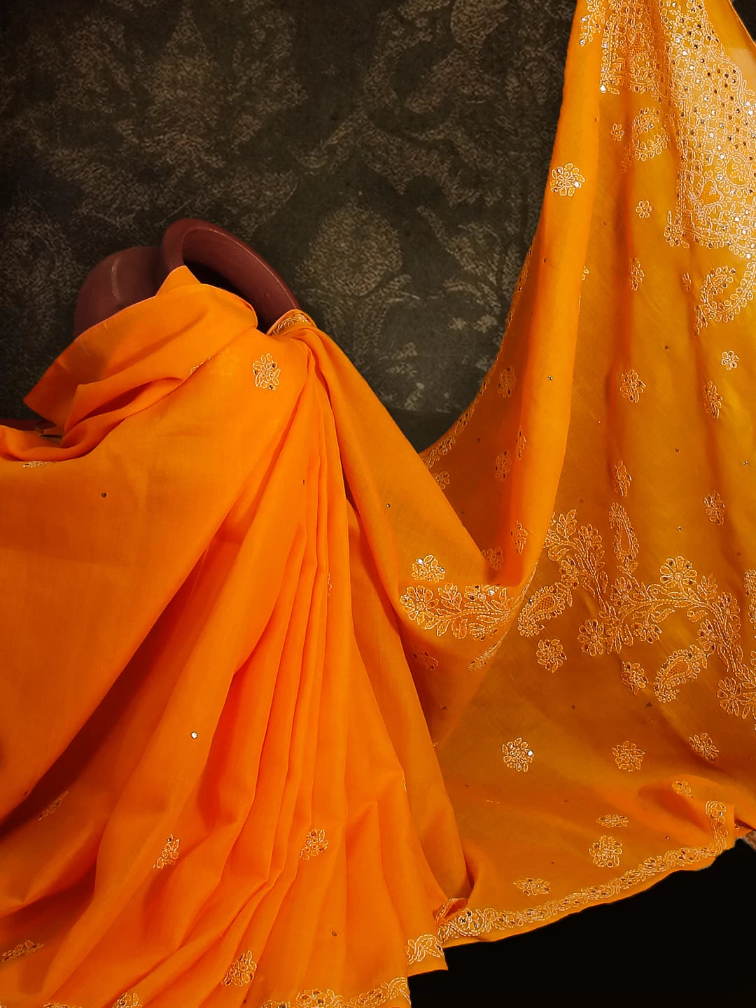Ada Hand Embroidered Mustard Cotton Lucknowi Chikankari Saree With Blouse And Mukaish Work 01A237035
