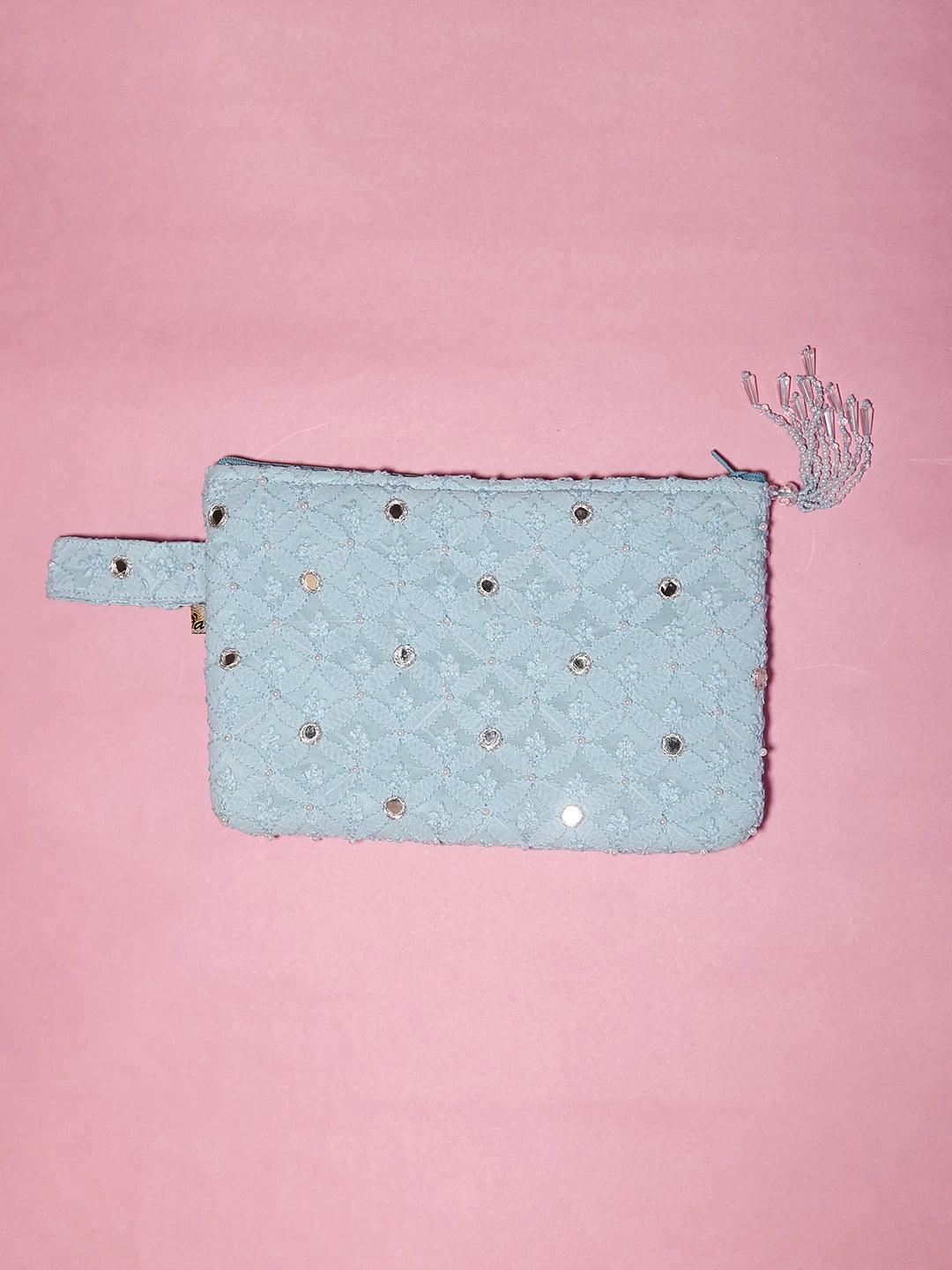 Ada Hand Embroidered Blue Viscose Georgette Lucknowi Chikankari Pouch With Mirror Work 01A505238