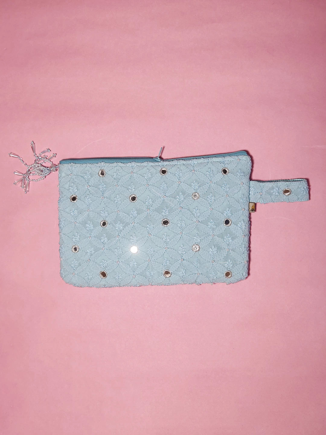 Ada Hand Embroidered Blue Viscose Georgette Lucknowi Chikankari Pouch With Mirror Work 01A505238