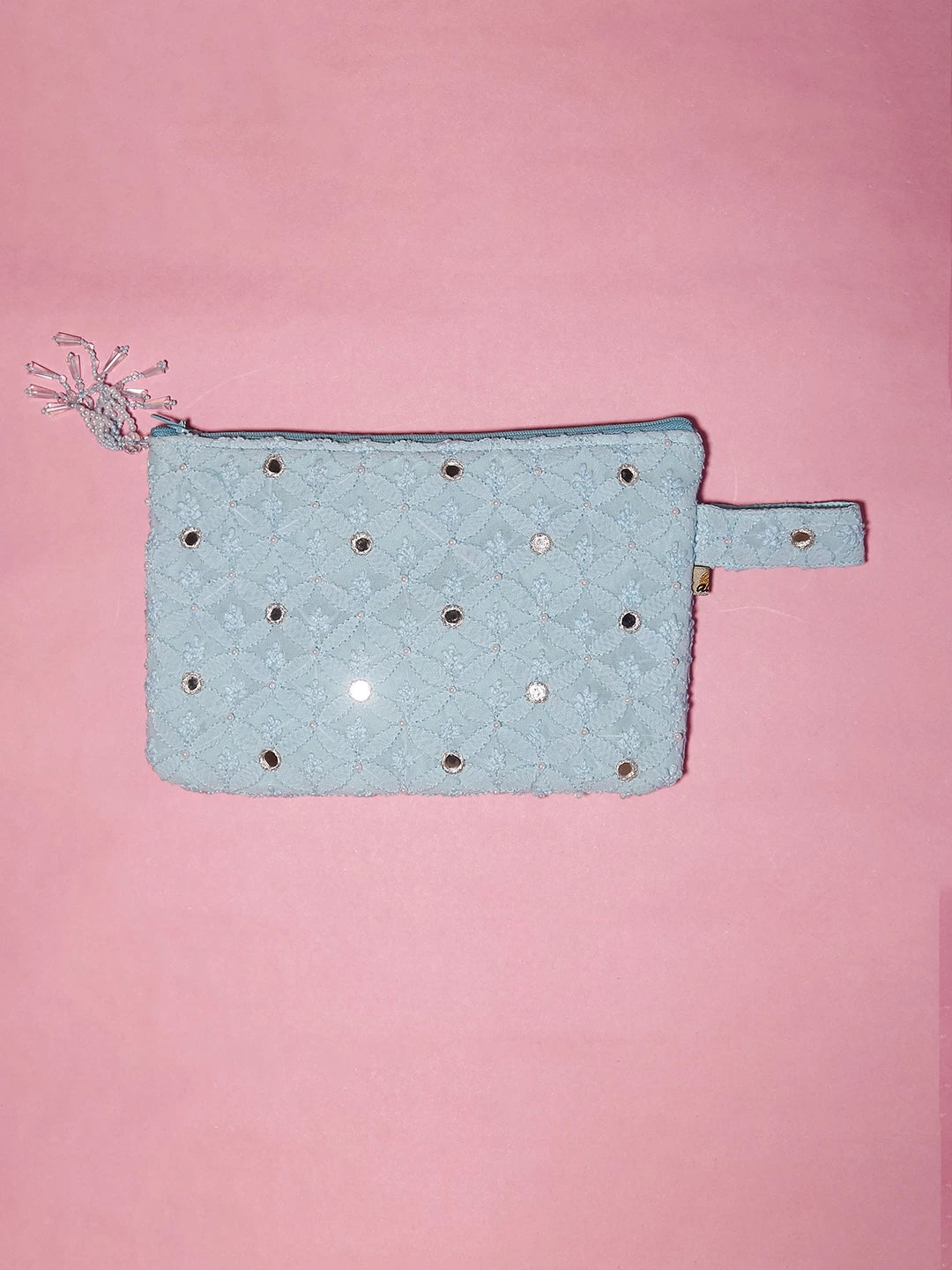 Ada Hand Embroidered Blue Viscose Georgette Lucknowi Chikankari Pouch With Mirror Work 01A505238